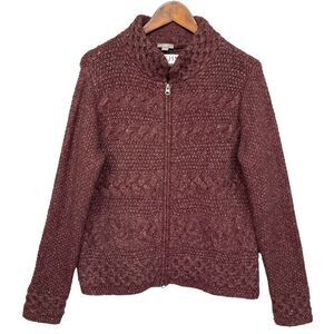 J. Jill Two Way Full Zip Sweater Women‎ Size M Brown High Neck Cable Knit